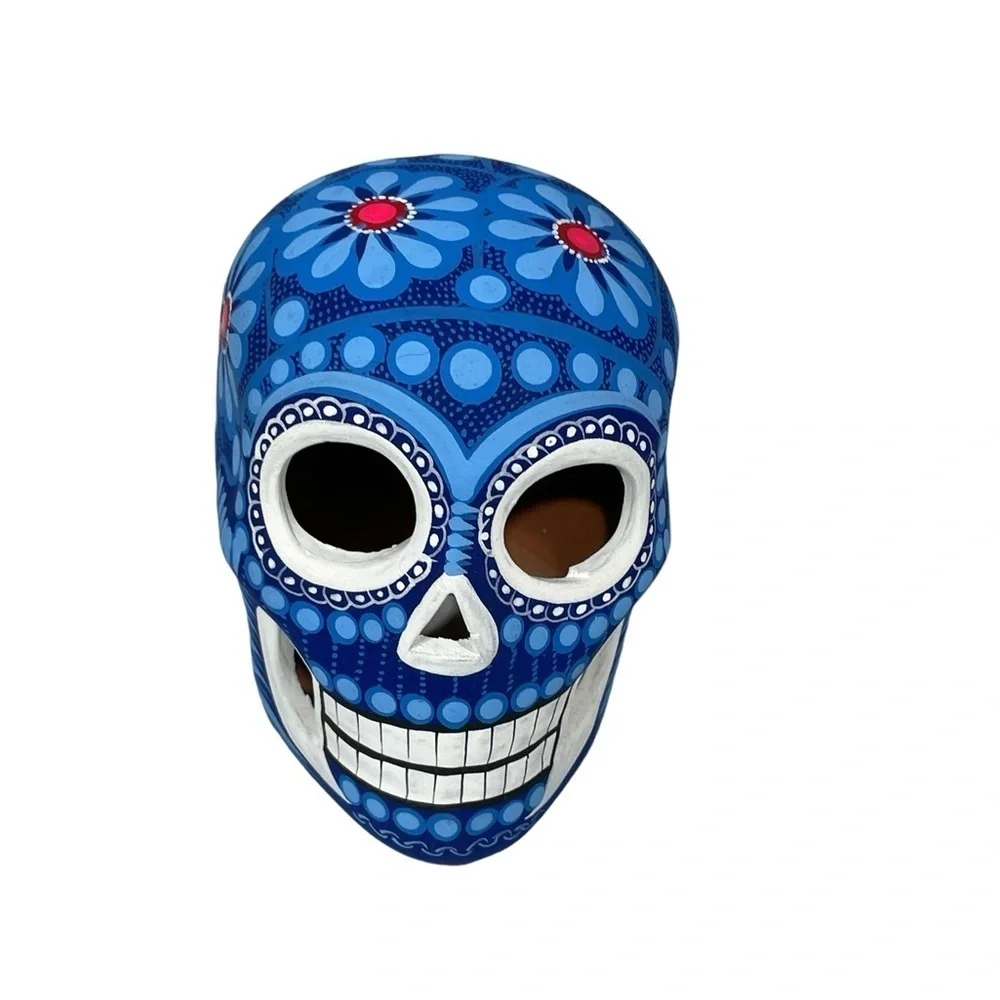 Mexican Clay Skull Hand painted Blue white New